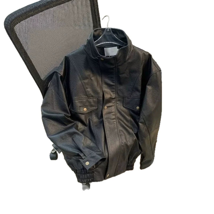 Damen Modische Kunstlederjacke mit hohem Kragen Drune