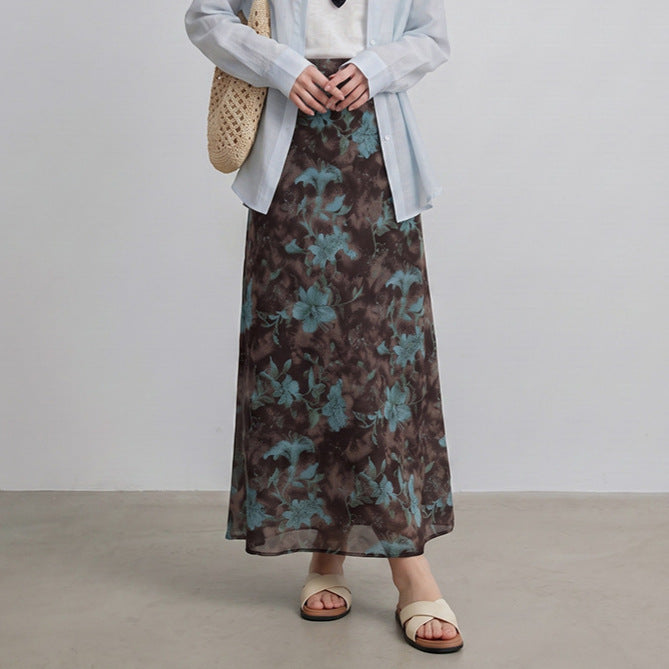 Damen nan fließender Maxirock mit A-Linie und feinem Vintage-Print Drune