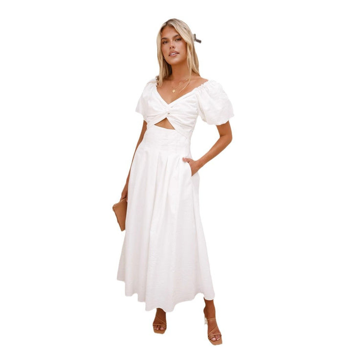 Damen Midikleid mit verspieltem Knotendetail und puffärmeligem Design Drune