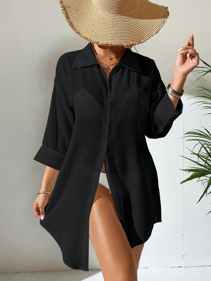Damen lässige Strandbluse aus transparentem Stoff mit Knopfverschluss Drune
