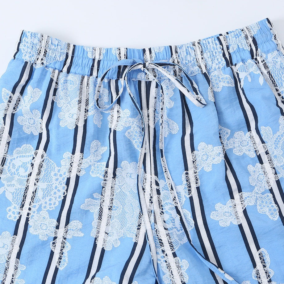 Damen weite Palazzohose mit elastischem Kordelbund und floraler Spitze‑Optik Drune