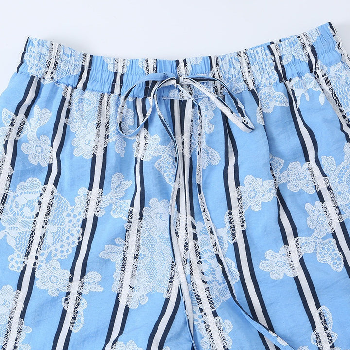 Damen weite Palazzohose mit elastischem Kordelbund und floraler Spitze‑Optik Drune