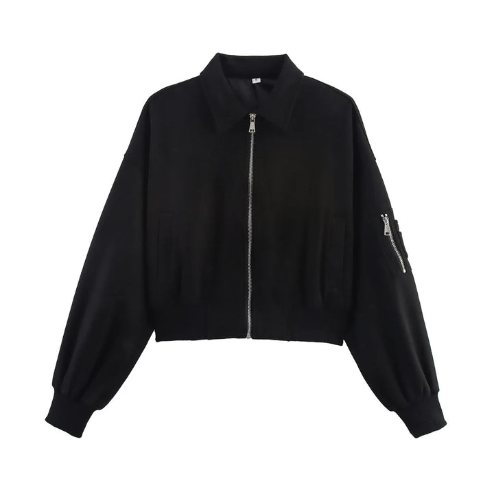 Damen nan cropped Bomberjacke im Velours-Look mit Reißverschluss, Ärmel-Taschen und geripptem Saum Drune