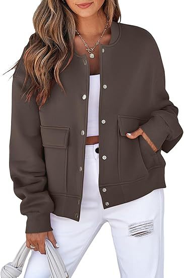Damen Oversized Bomberjacke aus French Terry mit Druckknopf und aufgesetzten Taschen Drune