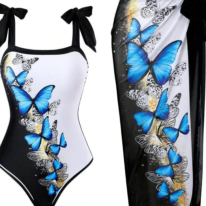 Damen Einteiler Badeanzug mit schickem Wickelrock und Butterfly-Motiv Drune