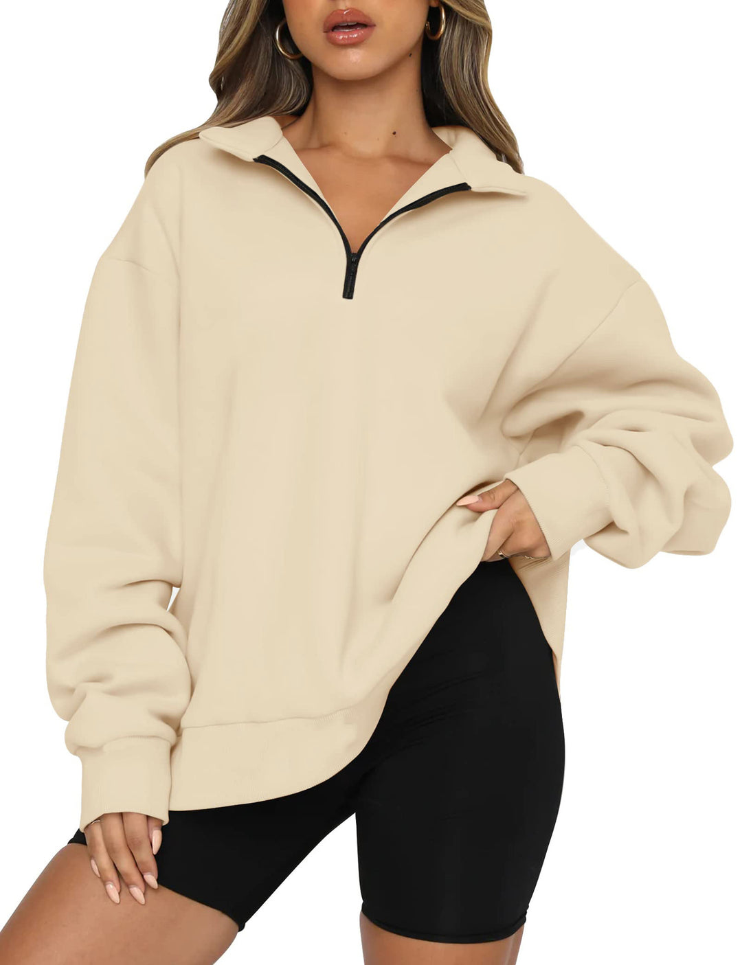 Damen lässiger Sweatpullover mit halbem Reißverschluss und überschnittenen Schultern Drune