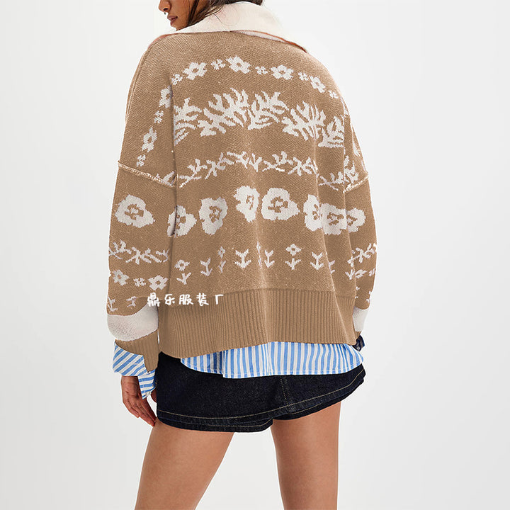 Damen Strickjacke mit floralem Muster und kleinen Knöpfen Drune