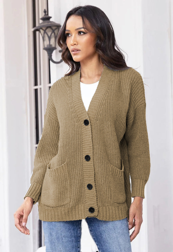 Damen Grobstrick-Cardigan mit großen Taschen und klassischem V-Ausschnitt Drune