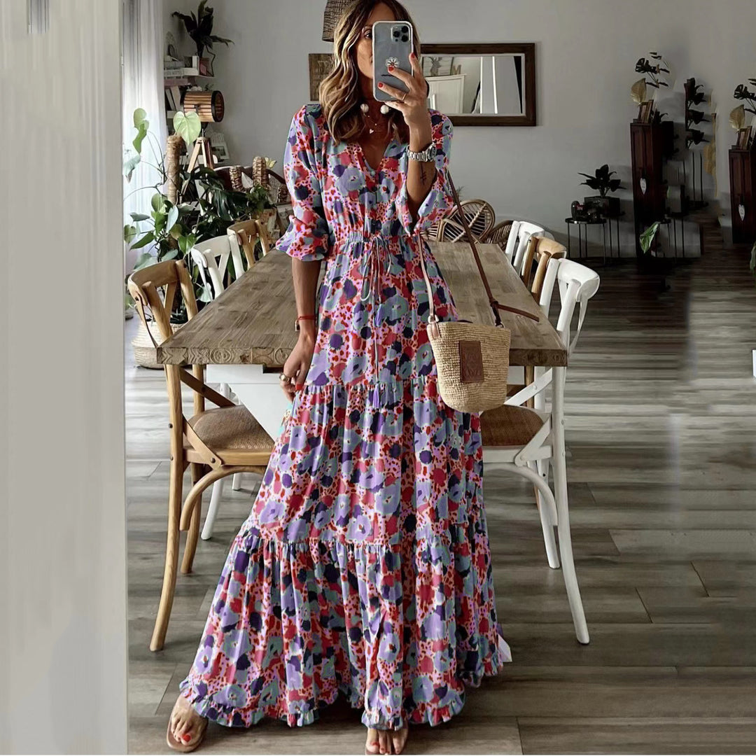 Damen Maxikleid mit Blumenprint, V‑Ausschnitt, Stufenvolant und Tunnelzugtaillen Drune