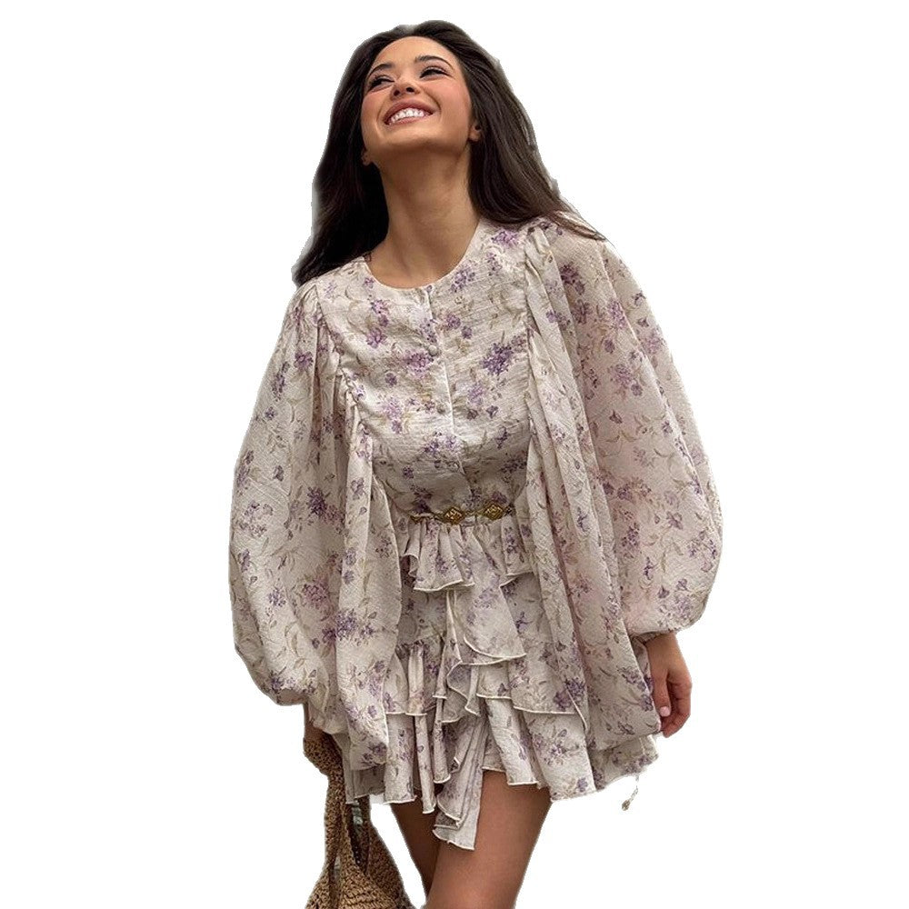 Damen Chiffon-Minikleid mit Volantstufen, Ballonärmeln und Ziergürtel Drune