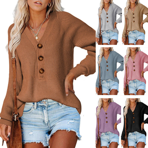Damen Gerippter Strickpullover mit V‑Ausschnitt, Zierknopfleiste und Ballonärmeln Drune