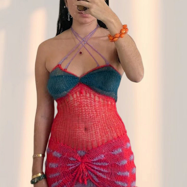 Damen Netzkleid mit kreativem Schnitt und verzierten Trägern Drune