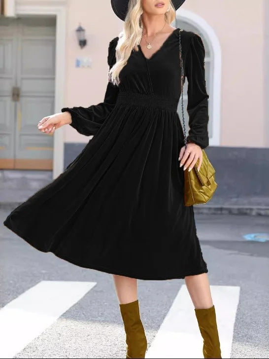 Damen Midikleid aus Samt mit V-Ausschnitt, geraffter Smock-Taille und langen Ballonärmeln Drune