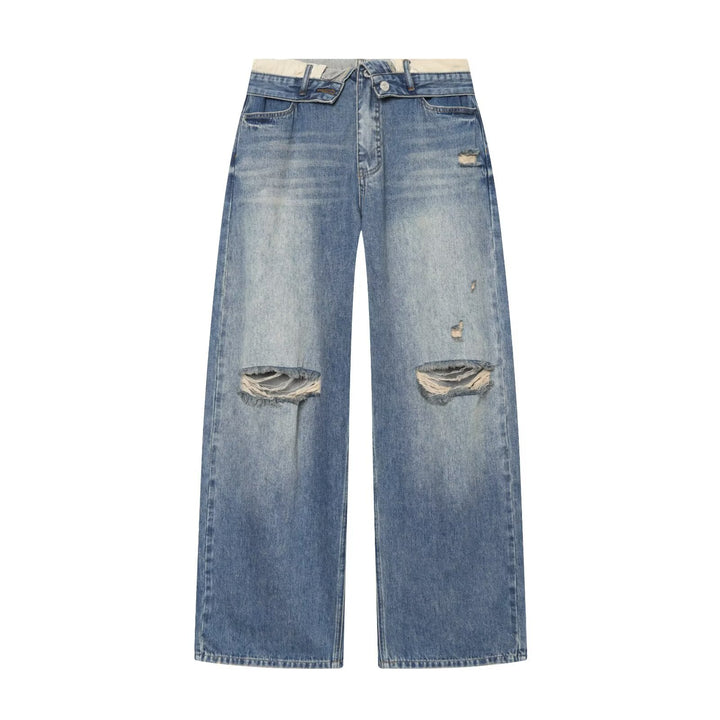 Damen Weite Ripped Denim‑Jeans mit Knie‑Löchern und hoher Leibhöhe Drune