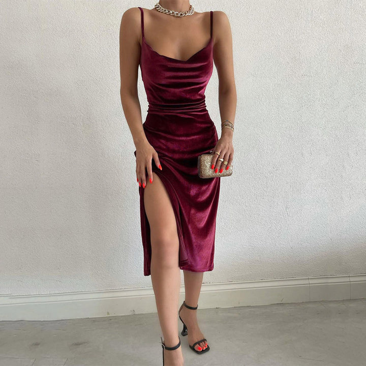 Damen Elegantes Satin-Midikleid mit Drapierung und Seitenschlitz Drune