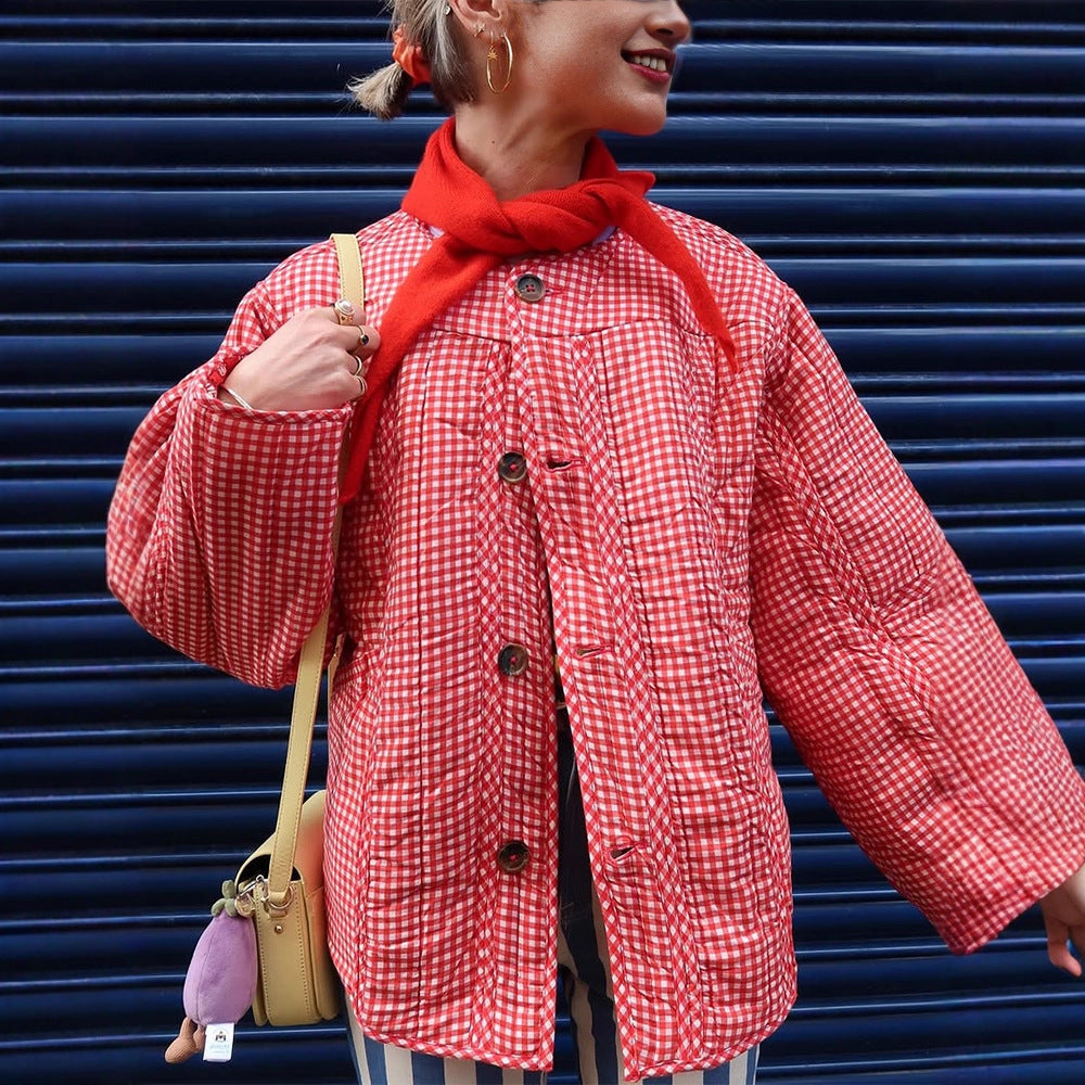 Damen Gepolsterte karierte Boxy-Steppjacke mit Knopfverschluss Drune