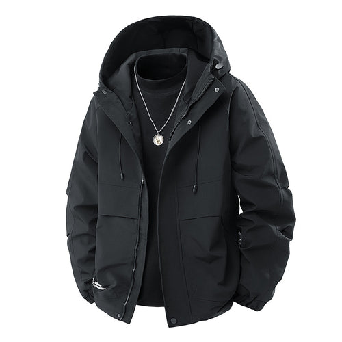 Herren Minimalistischer Tech-Softshell-Parka mit Kapuze, verdecktem Reißverschluss und Cargo-Brusttaschen Drune