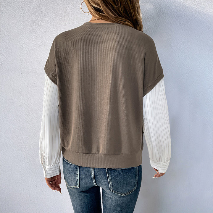 Damen Casual-Longsleeve mit Rippoberteil & gestreiften Blusenärmeln Drune