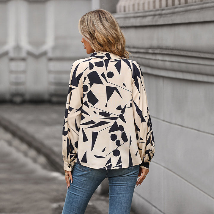 Damen lässige Bluse mit modischem geometrischen Muster und voluminösen Ärmeln Drune