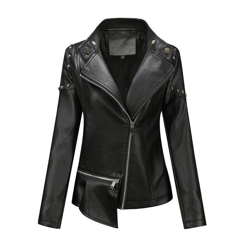 Damen Asymmetrische Bikerjacke aus Kunstleder mit Nietenbesatz und tailliertem Schnitt Drune