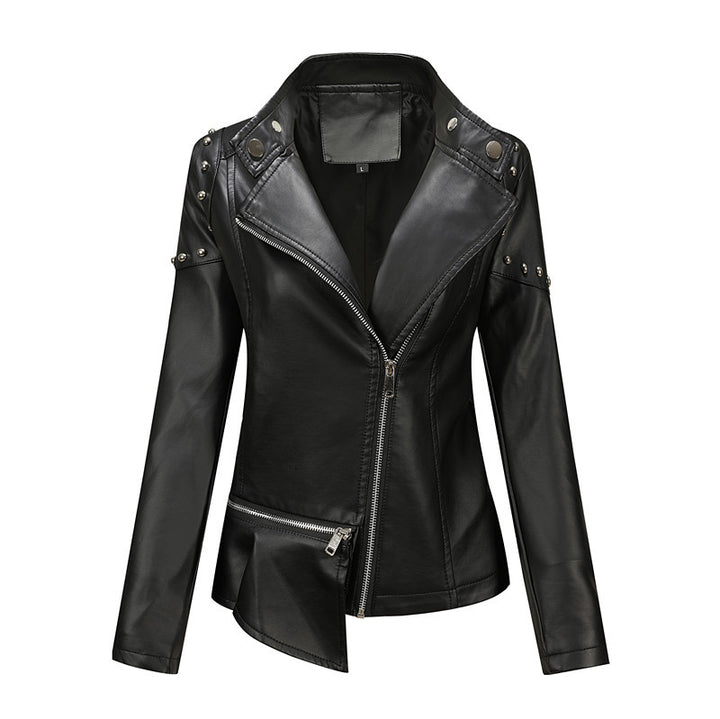 Damen Asymmetrische Bikerjacke aus Kunstleder mit Nietenbesatz und tailliertem Schnitt Drune