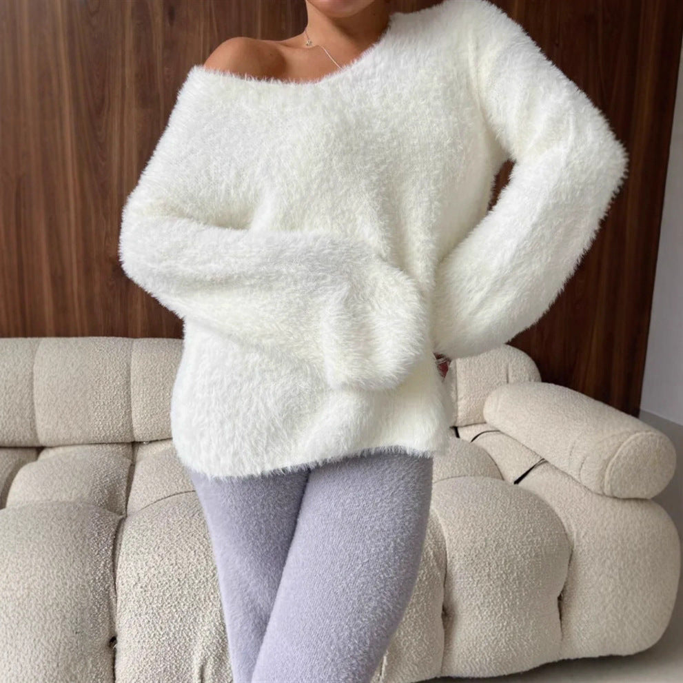 Damen Oversize-Flauschpullover mit V-Ausschnitt und Teddy-Optik Drune
