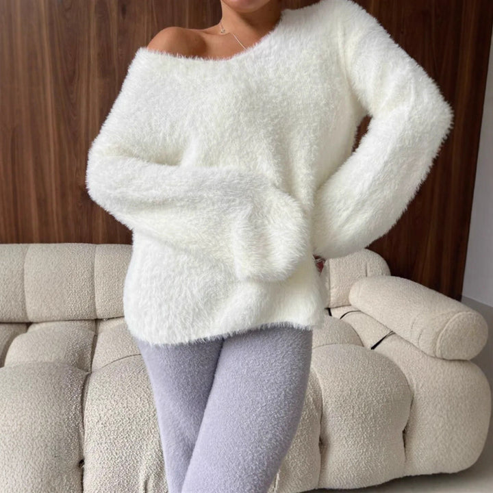 Damen Oversize-Flauschpullover mit V-Ausschnitt und Teddy-Optik Drune