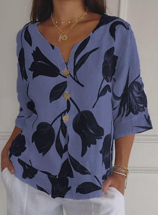 Frauen Locker V-Ausschnitt Bluse Top mit großem floralem Tulpenmuster und Knopfleiste Drune