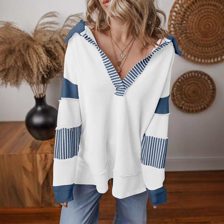 Damen lässiger Pullover mit Hemdkragen und gestreiften Ärmeln Drune