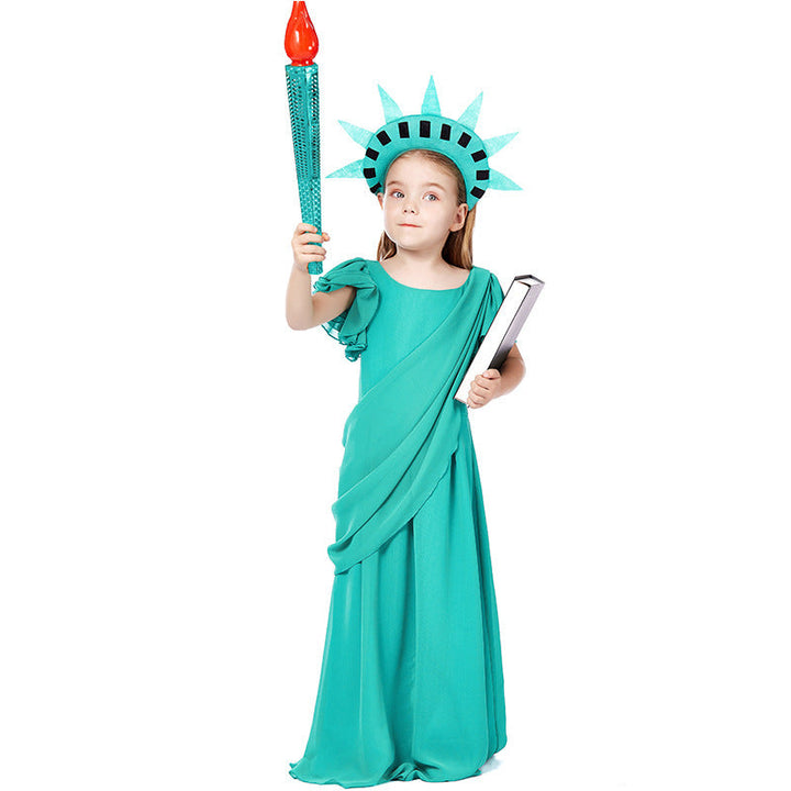 Mädchen Kostüm als Freiheitsstatue mit elegantem Kleid und Accessoires Drune