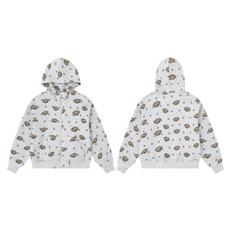 Damen Reißverschluss-Hoodie im Casual-Look mit Lippen‑Motiv und Punktmuster Drune