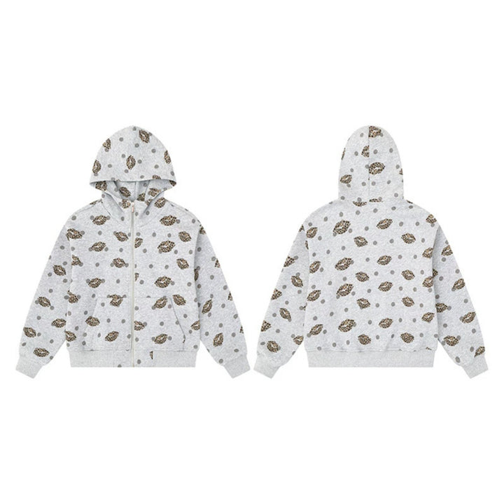 Damen Reißverschluss-Hoodie im Casual-Look mit Lippen‑Motiv und Punktmuster Drune