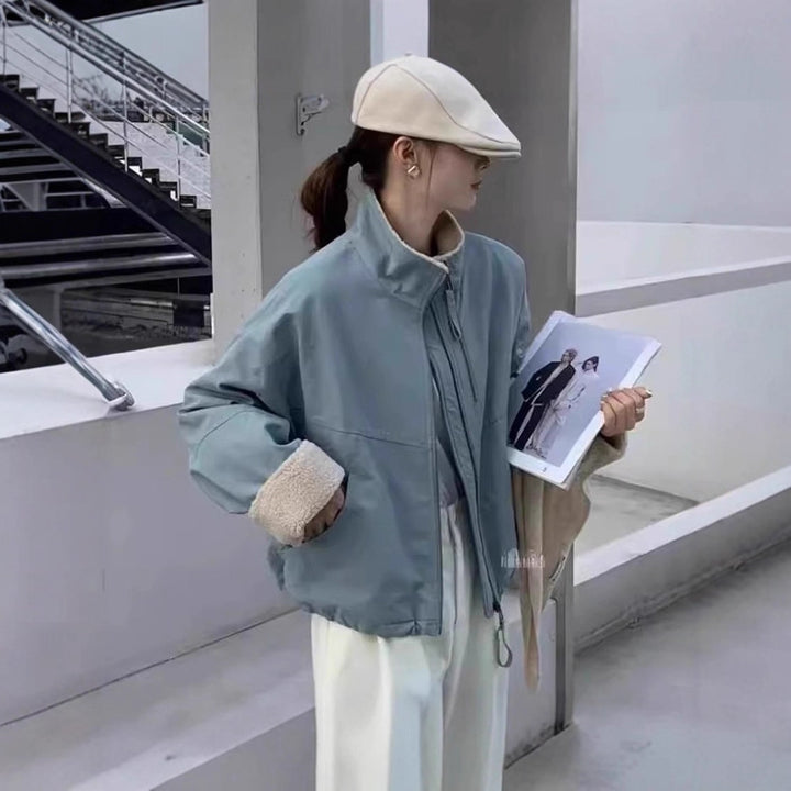 Damen Kurze Oversize Bomberjacke mit Teddyfutter an Bündchen und Stehkragen Drune