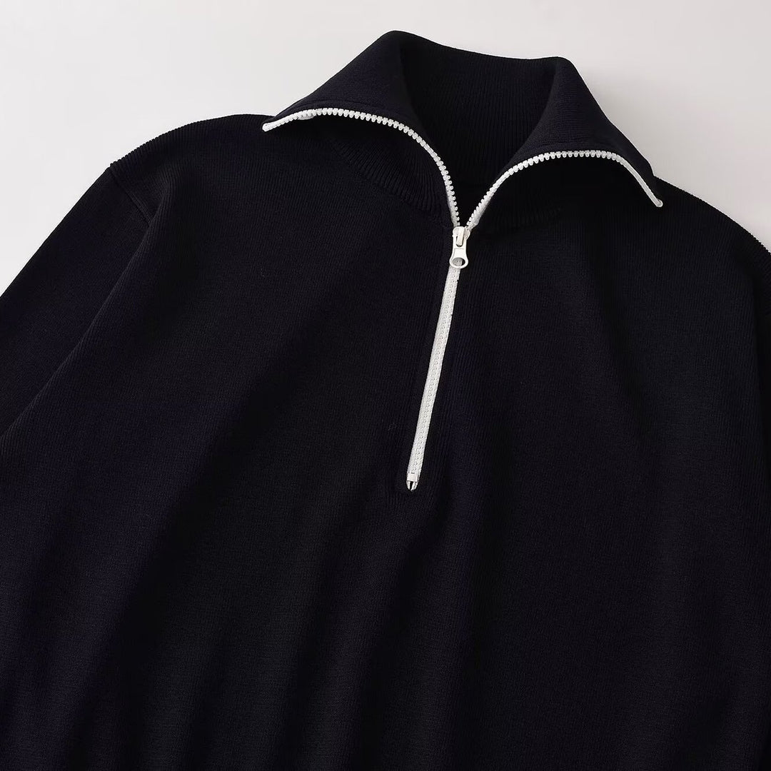 Damen Oversize Half-Zip Strickpullover mit Stehkragen und Rippbündchen Drune