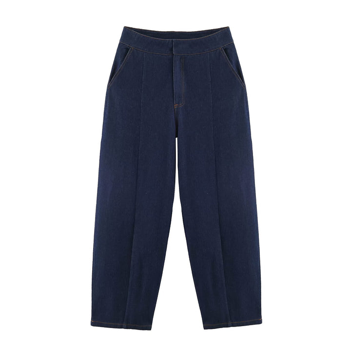 Damen weite High‑Waist Denimhose mit Bügelfalte und schrägen Eingrifftaschen Drune