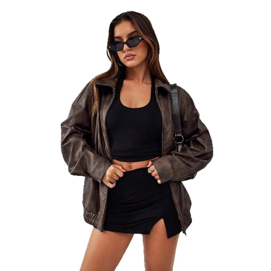 Damen Sportliche Oversized-Lederjacke mit praktischen Taschen und elastischem Saum Drune
