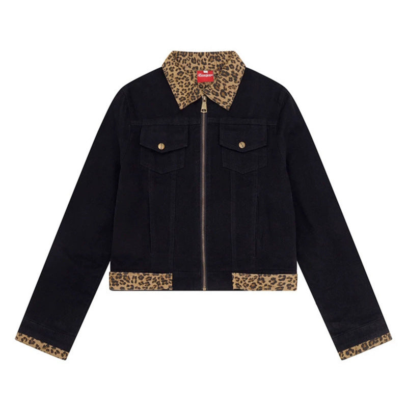 Damen Kurz geschnittene Denim-Truckerjacke mit Leoparden-Kontrastkragen und Umschlagbündchen Drune