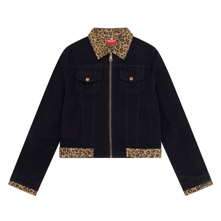 Damen Kurz geschnittene Denim-Truckerjacke mit Leoparden-Kontrastkragen und Umschlagbündchen Drune