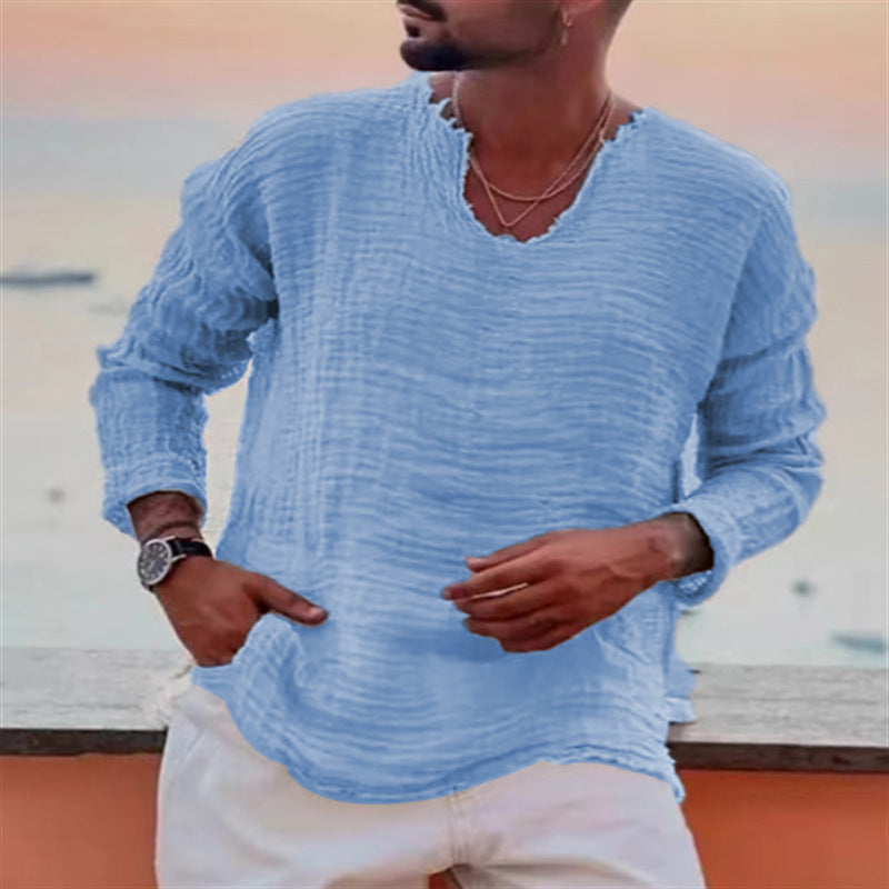 Herren lässiges V-Neck Leinenhemd Drune