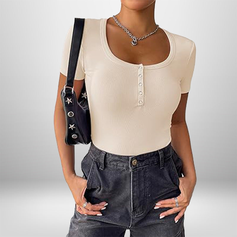 Damen Kurzarm Bodysuit mit Knopfdetails und figurbetonter Silhouette Drune