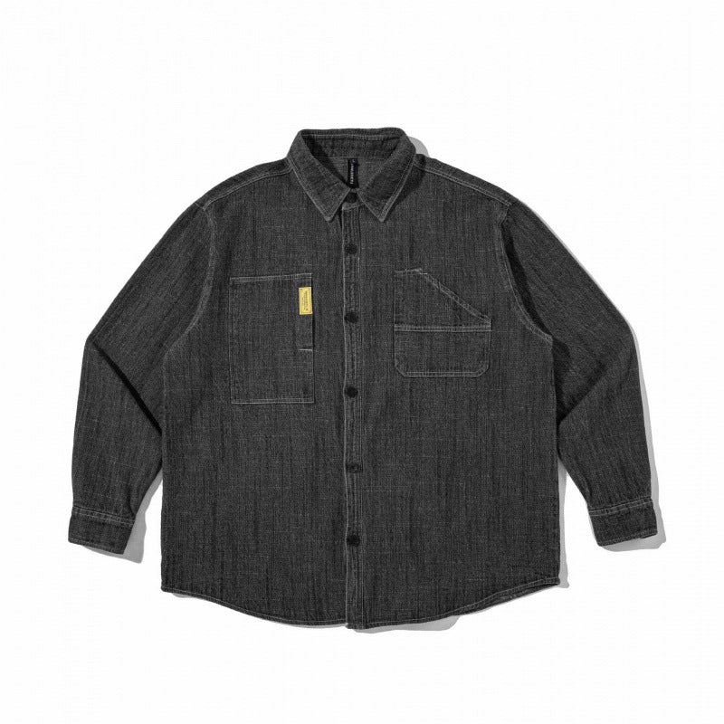Unisex Kastenförmiges Denim-Overshirt im Worker-Look mit aufgesetzten Taschen und gerundetem Saum Drune