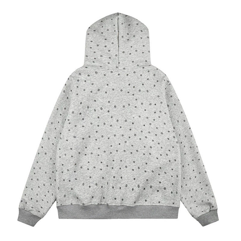 Damen Gepunktete Kapuzen-Sweatjacke mit Kunstfellbesatz, durchgehendem Reißverschluss und Kängurutaschen Drune