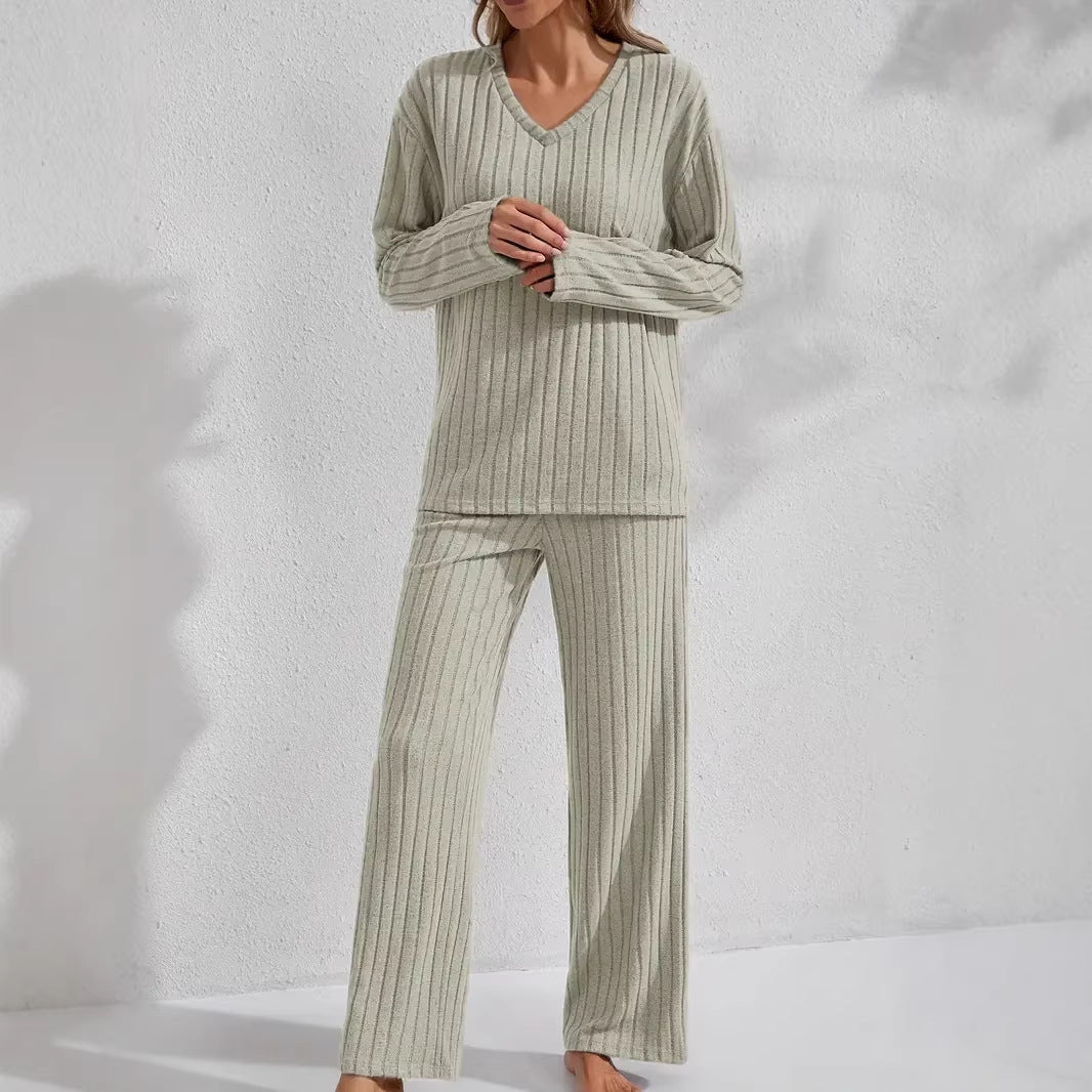 Damen Zweiteiliges geripptes Lounge-Set mit V-Ausschnitt und weitem Bein Drune