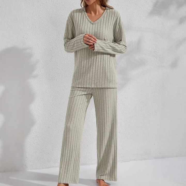 Damen Zweiteiliges geripptes Lounge-Set mit V-Ausschnitt und weitem Bein Drune