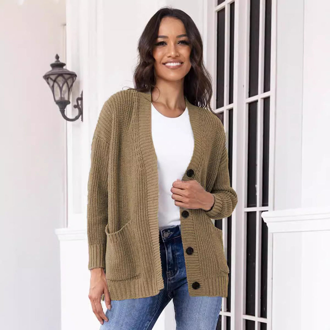 Damen Grober Strickcardigan mit praktischen Taschen und eleganten Knopfdetails Drune