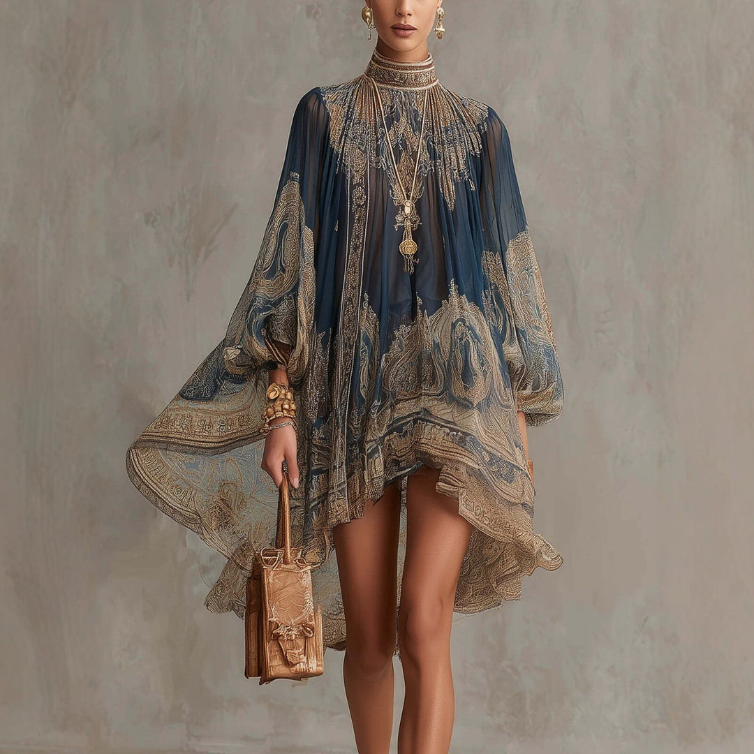 Damen Ätherisches Chiffon Tunika Kleid mit Hohem Stehkragen und Ballonärmeln Drune