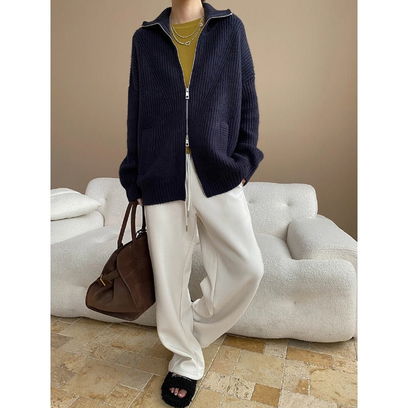 Damen kurzer Strickjacke mit großem Kragen und lockerer Passform Drune