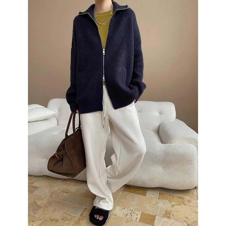 Damen kurzer Strickjacke mit großem Kragen und lockerer Passform Drune
