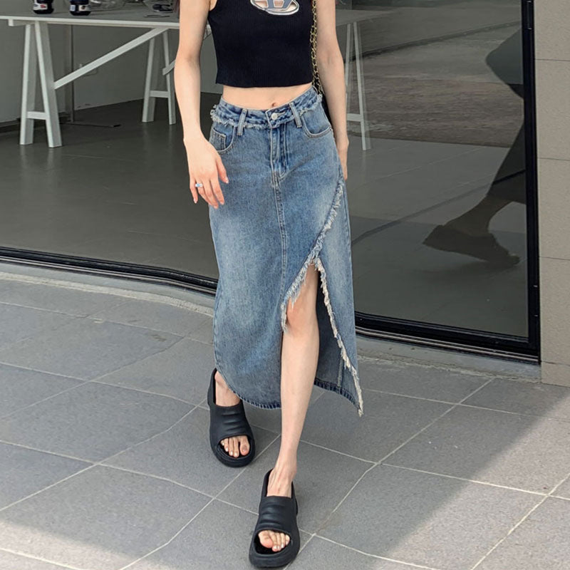 Damen Denim-Midi-Rock mit asymmetrischem Saum Drune