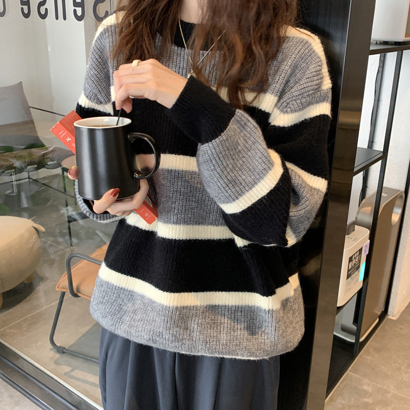 Damen lässiger Strickpullover mit modernen Streifen Drune